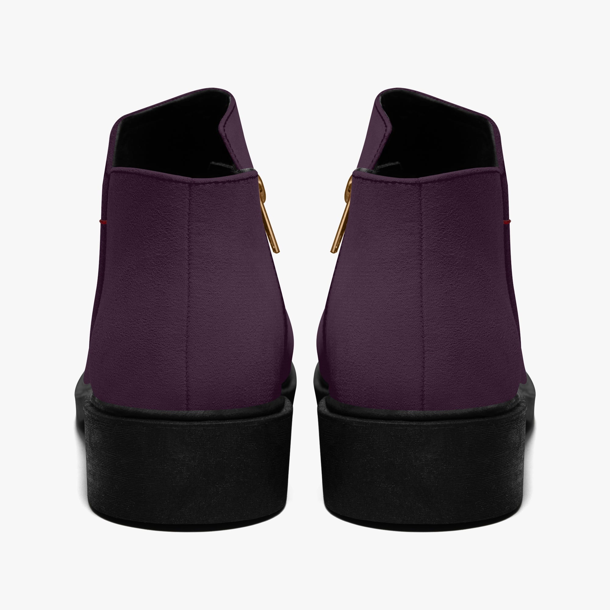 Deep plum slip-on booties with chunky black heels and gold zipper accents, rear view.