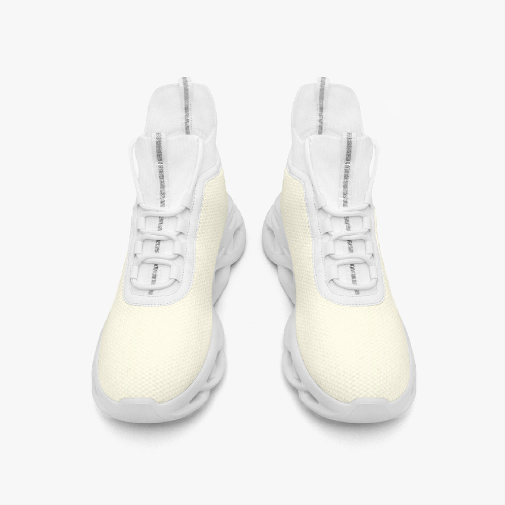 White high-top mesh knit sneakers with thick cushioned soles and elastic laces.