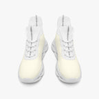 White high-top mesh knit sneakers with thick cushioned soles and elastic laces.