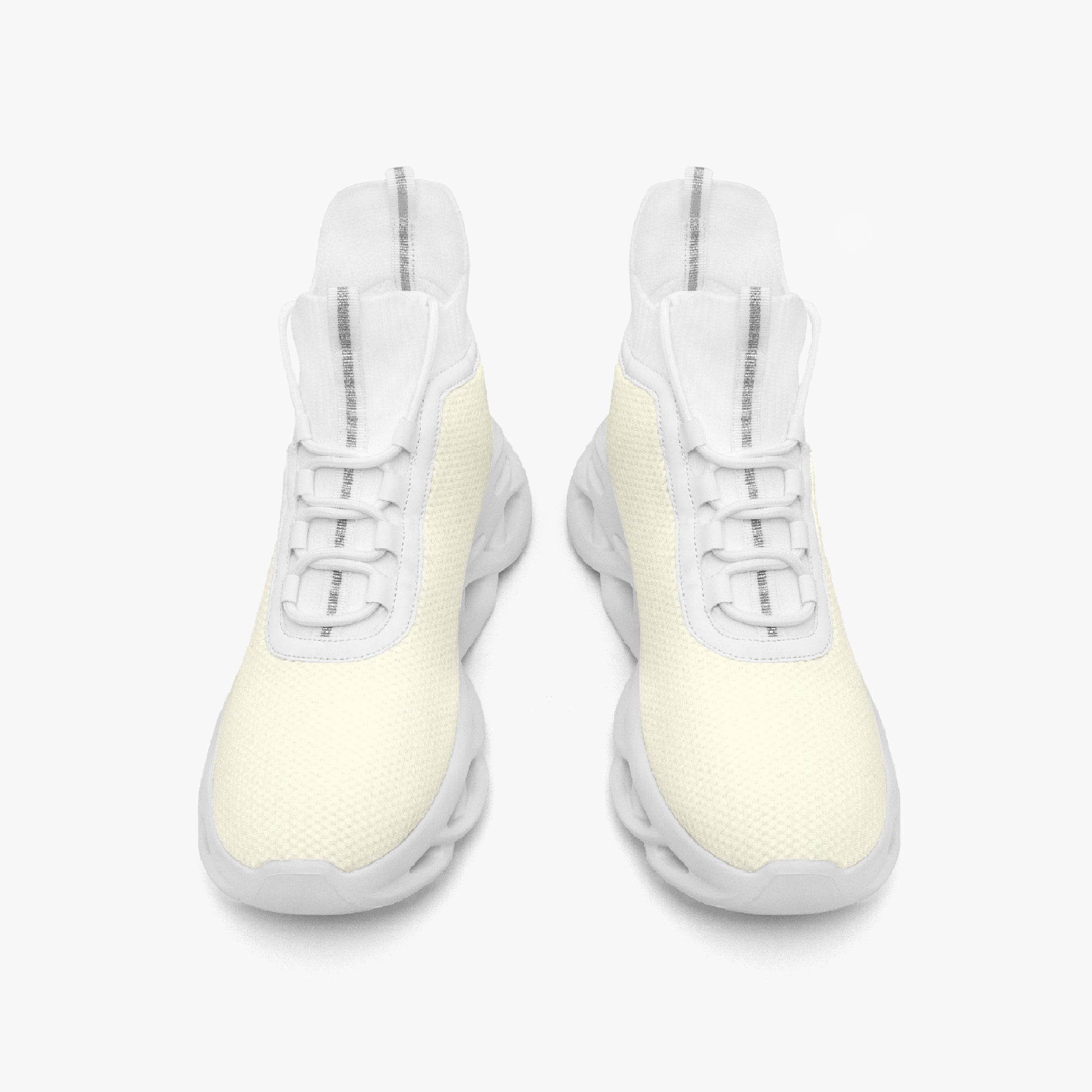 White high-top mesh knit sneakers with thick cushioned soles and elastic laces.