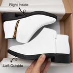 White slip-on ankle booties with chunky black heels, red accent stitching, and side zipper detail.