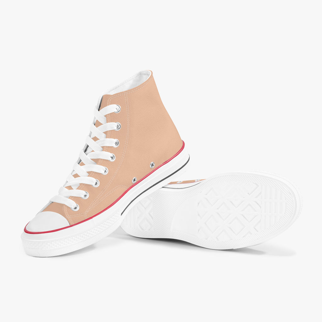 Peach high-top canvas sneakers with white laces, red trim, and white rubber sole.