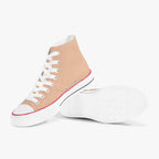 Peach high-top canvas sneakers with white laces, red trim, and white rubber sole.