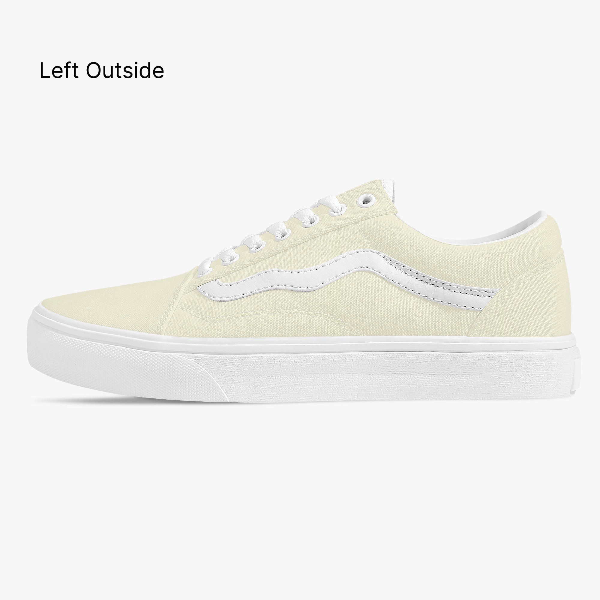 Pale yellow low-top canvas sneaker with white side stripe and white rubber sole.