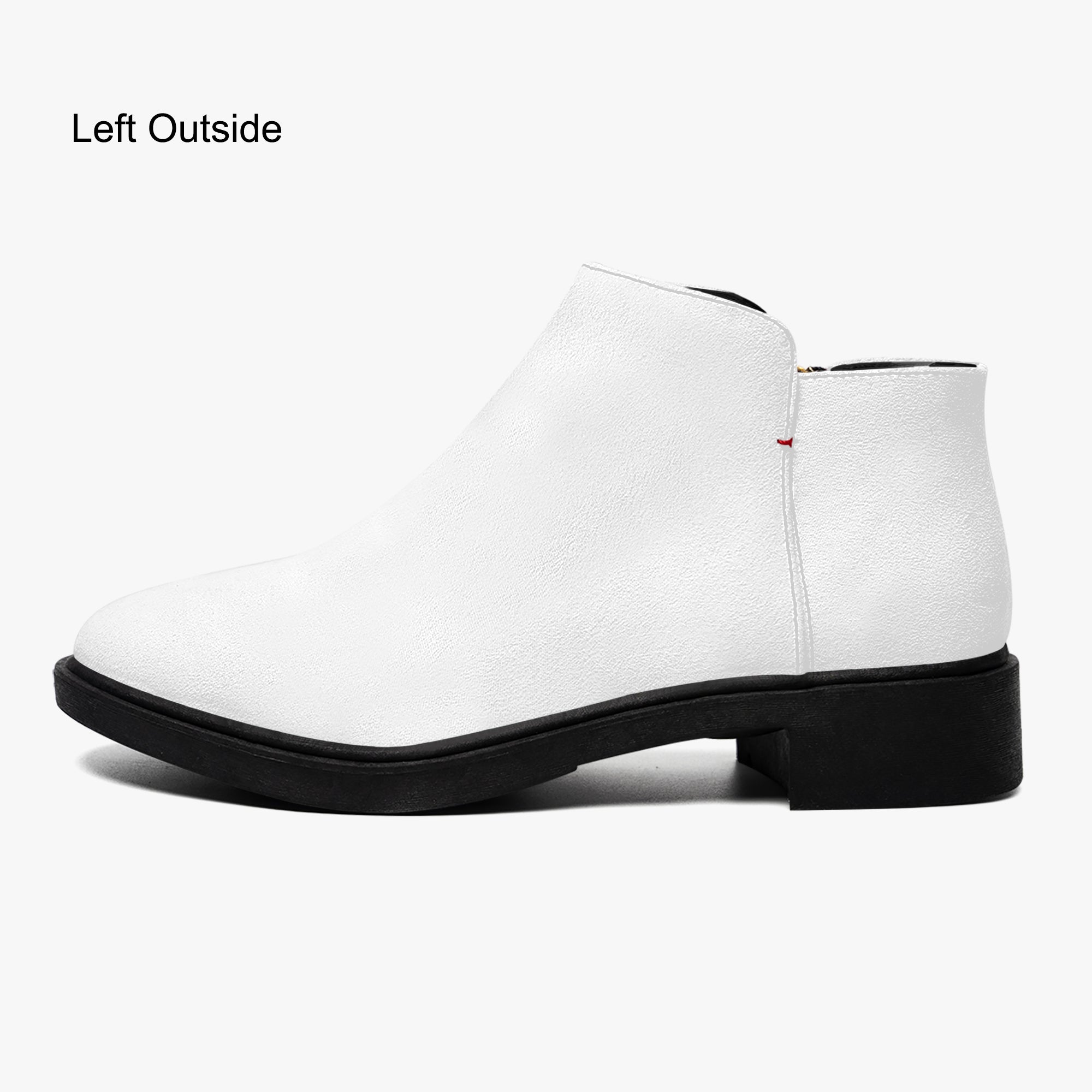 White slip-on bootie with chunky black heel and red accent stitching on side.