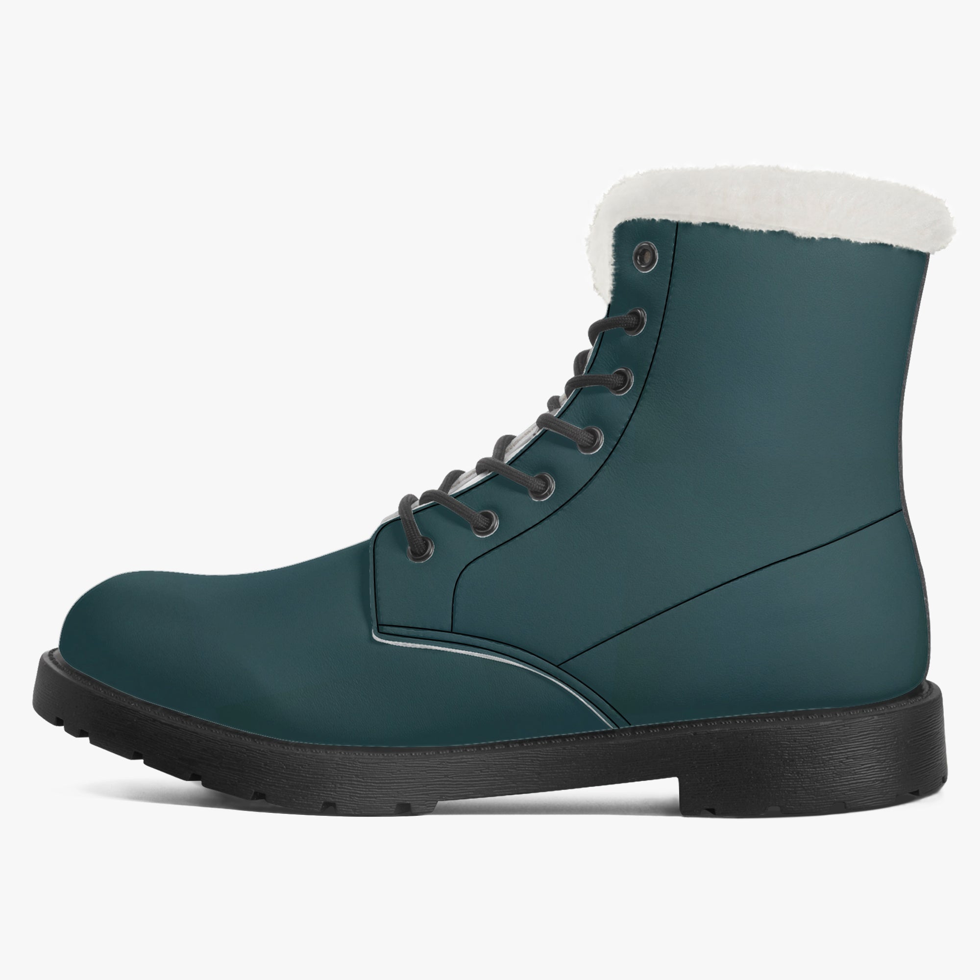 Midnight teal leather lace-up winter boot with black sole and white plush faux fur collar.