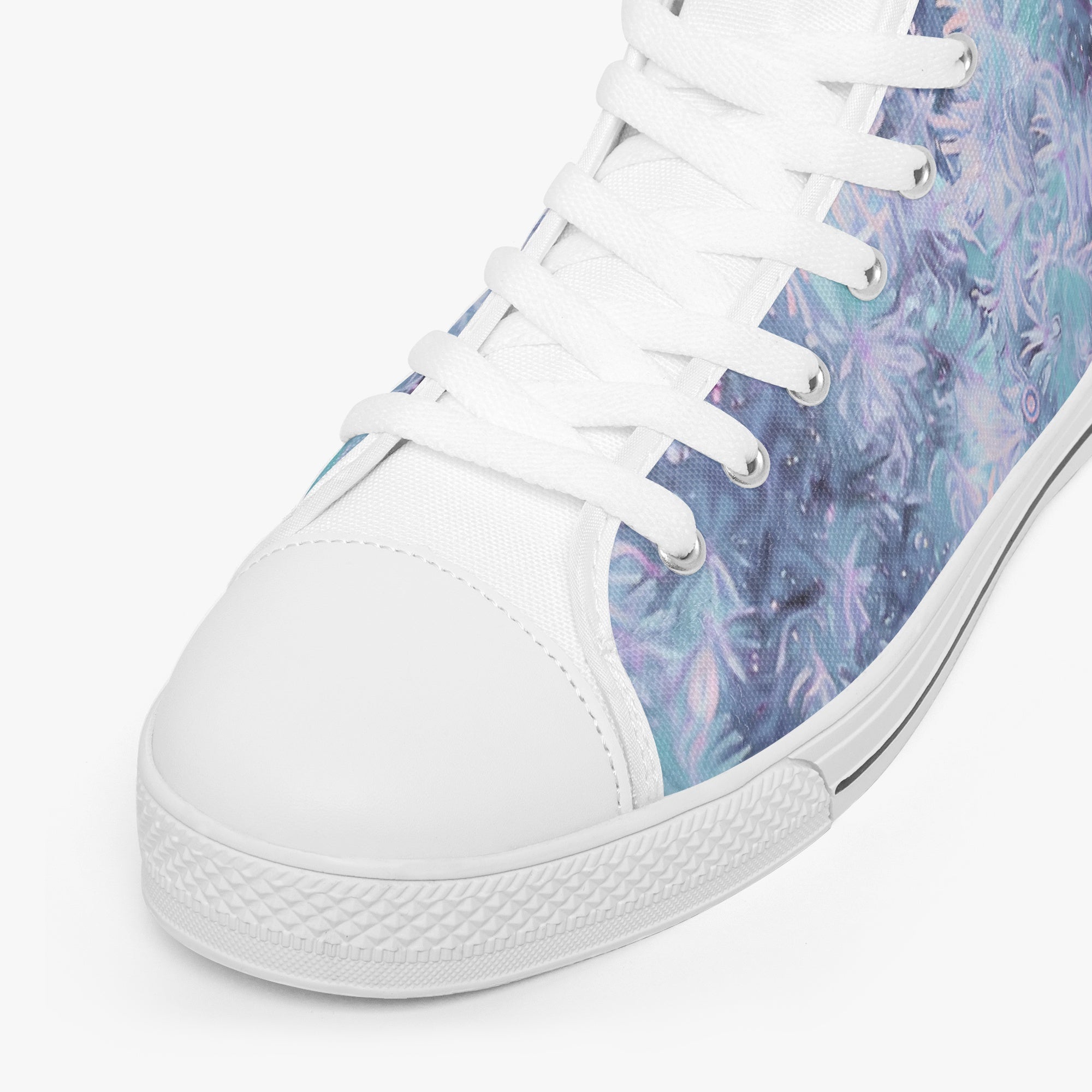 White high-top sneaker with swirling purple and blue floral pattern on sides and white laces.