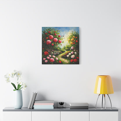 Floral Garden Canvas Art, Stretched 1.25" Wall Decor, Bright Flower Artwork for Home, Spring Gift, Nature Lover's Decor, Colorful Roses