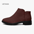 Burgundy corduroy ankle boot with chunky black heel and side zipper.