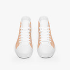 White and peach high-top canvas sneakers with white laces and rubber soles, front view.