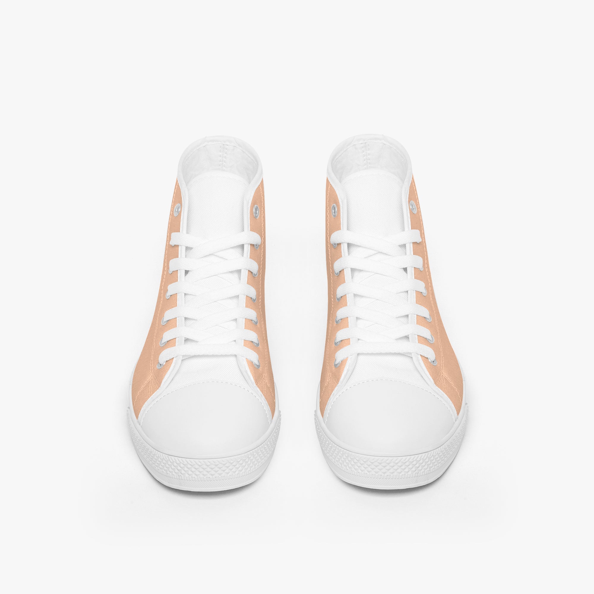 White and peach high-top canvas sneakers with white laces and rubber soles, front view.