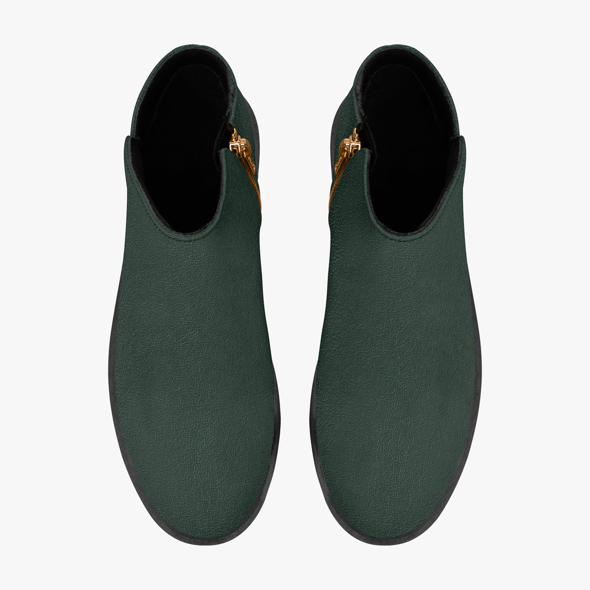 Dark green textured ankle boots with chunky black heels and gold side zipper.