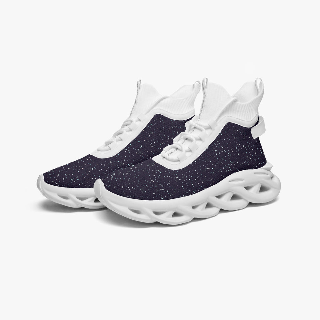 High-top navy blue sneakers with white speckle knit upper and chunky white textured sole.