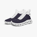 High-top navy blue sneakers with white speckle knit upper and chunky white textured sole.