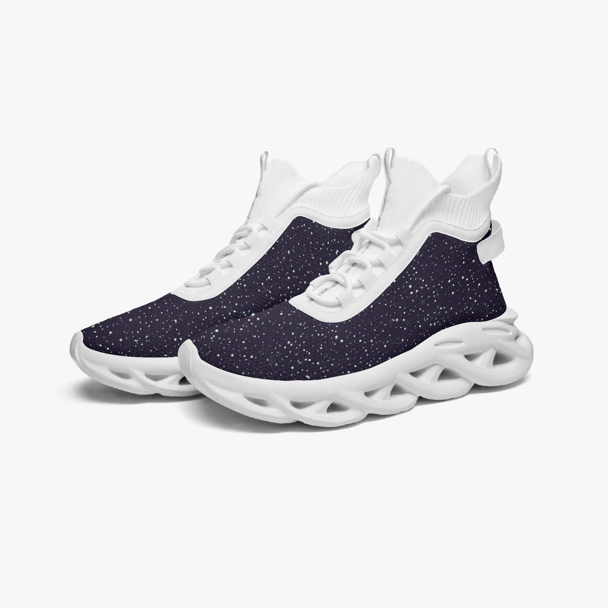 High-top navy blue sneakers with white speckle knit upper and chunky white textured sole.