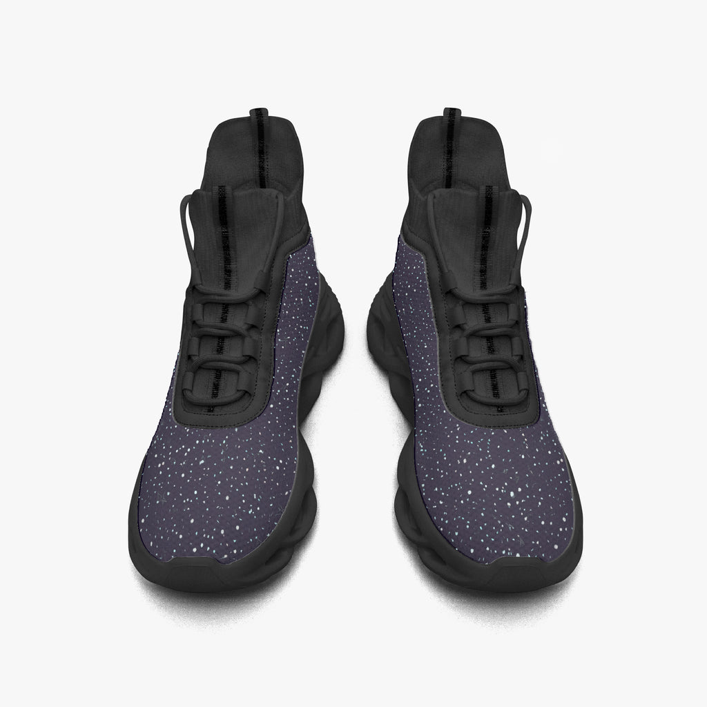 Black high-top sneakers with purple speckled mesh knit upper and black soles.