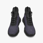 Black high-top sneakers with purple speckled mesh knit upper and black soles.