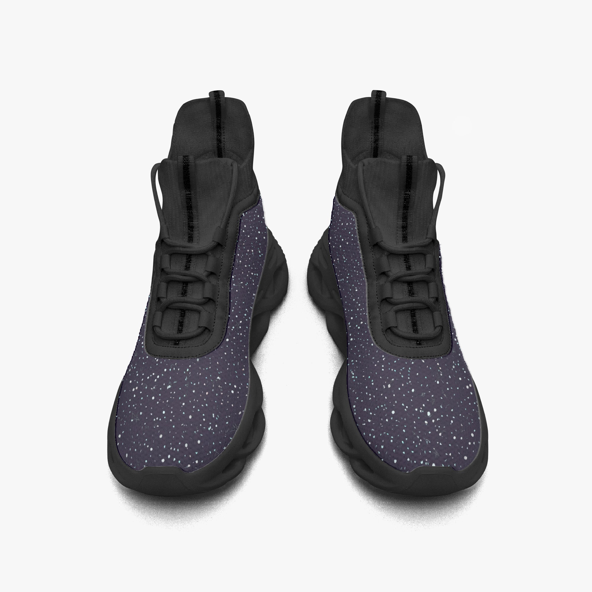 Black high-top sneakers with purple speckled mesh knit upper and black soles.
