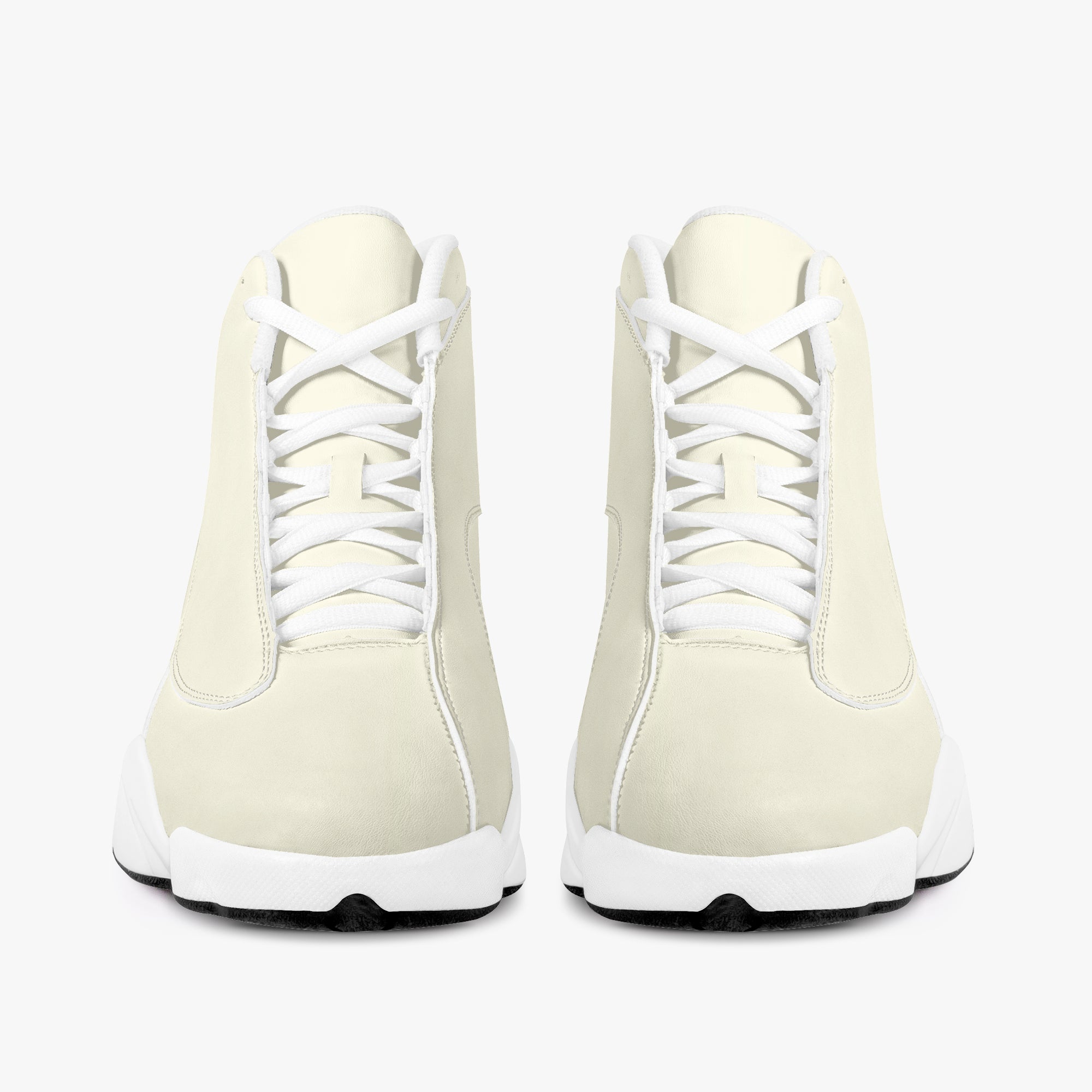 Cream and white high-top leather basketball sneakers with white laces and thick white soles.