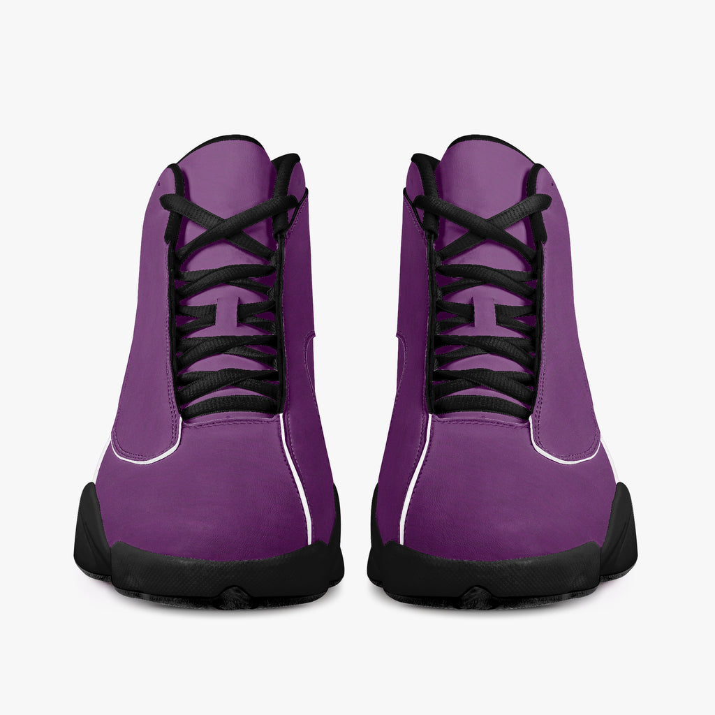 High-top purple leather basketball sneakers with black laces and black soles, front view.