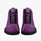 High-top purple leather basketball sneakers with black laces and black soles, front view.
