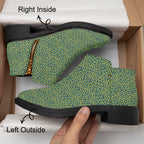 Teal ankle boots with small sunny yellow polka dots, chunky black heel, and side zipper.