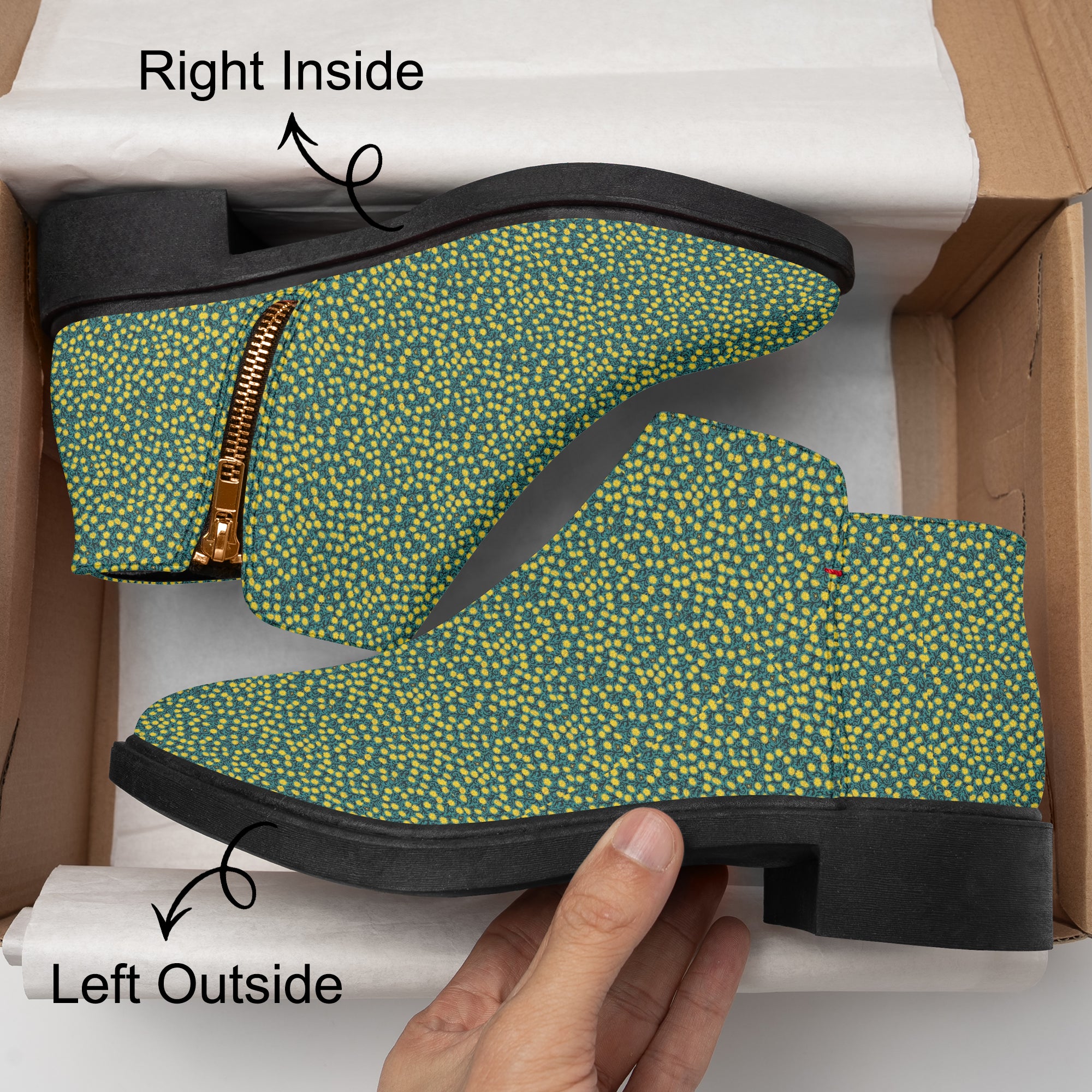 Teal ankle boots with small sunny yellow polka dots, chunky black heel, and side zipper.