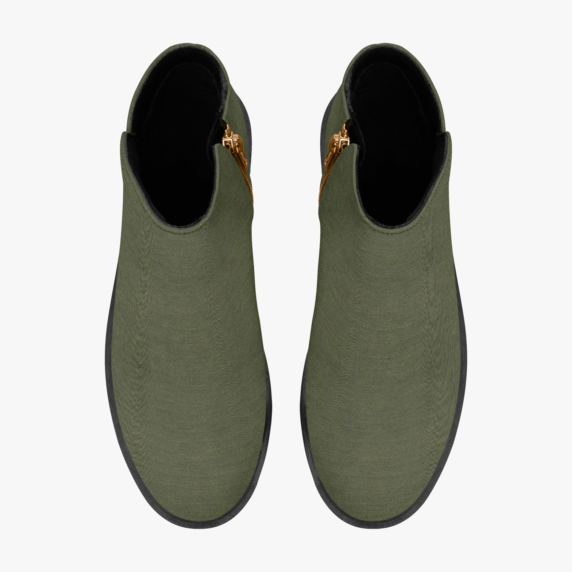 Olive green textured ankle boots with chunky black heels and gold side zippers, top view.