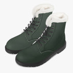 Forest green leather lace-up boots with plush white faux fur collar and black soles.