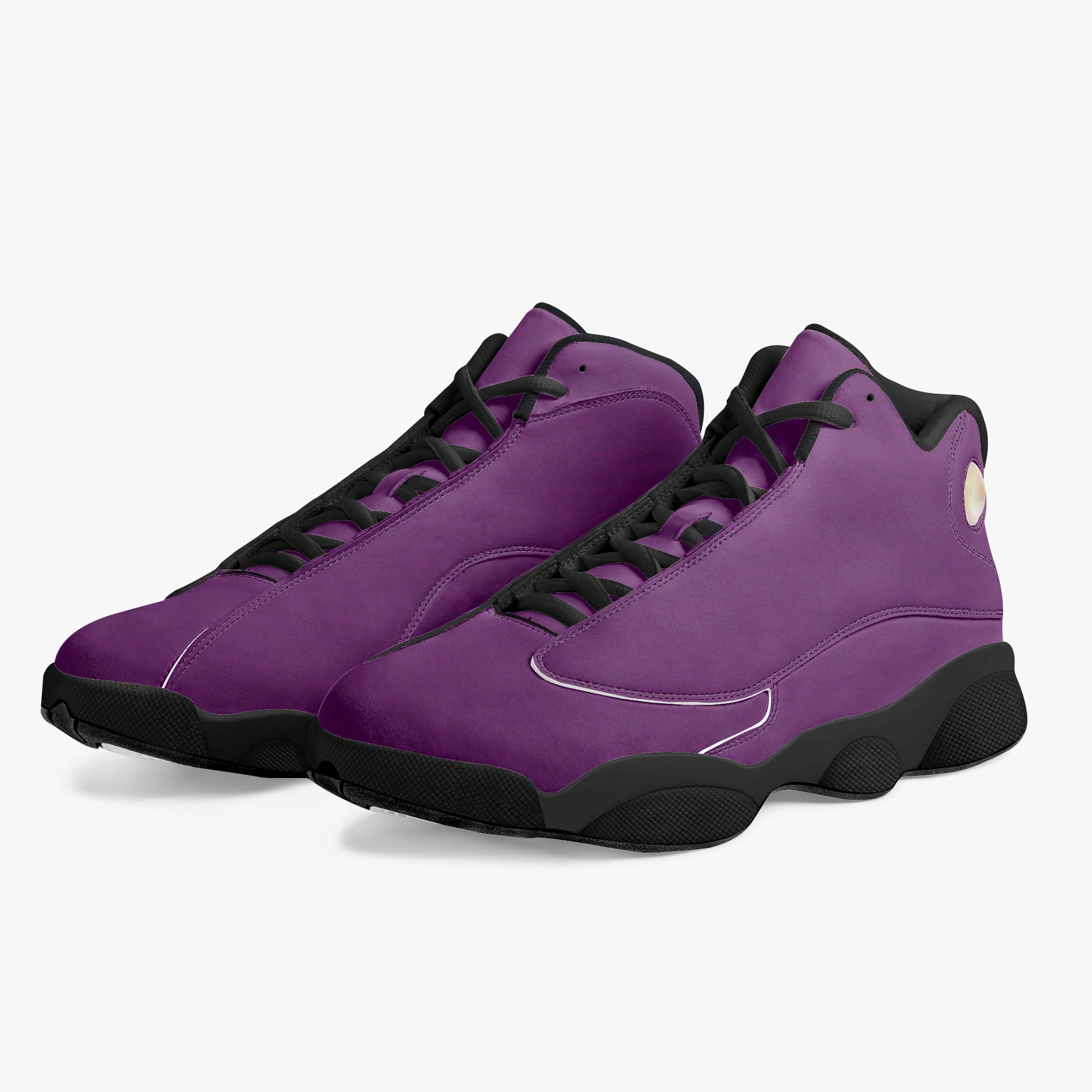High-top purple leather basketball sneakers with black soles and black laces.