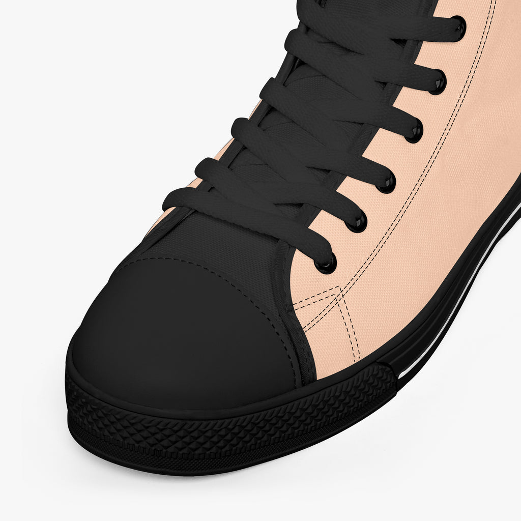 Peach and black high-top canvas sneaker with black laces and rubber sole.