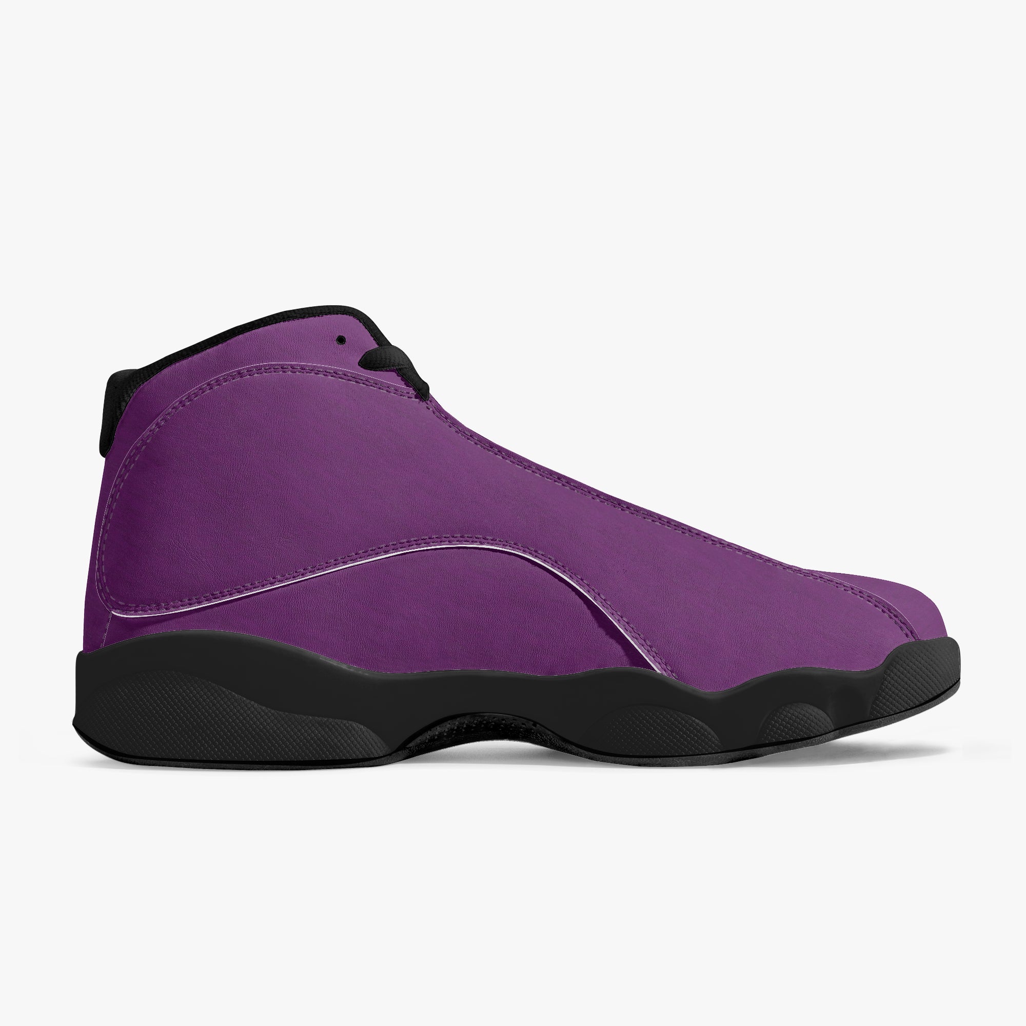 High-top purple leather basketball sneakers with black sole and black accents.