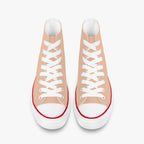 Peach high-top canvas sneakers with white laces, white toe caps, and red trim around the sole.