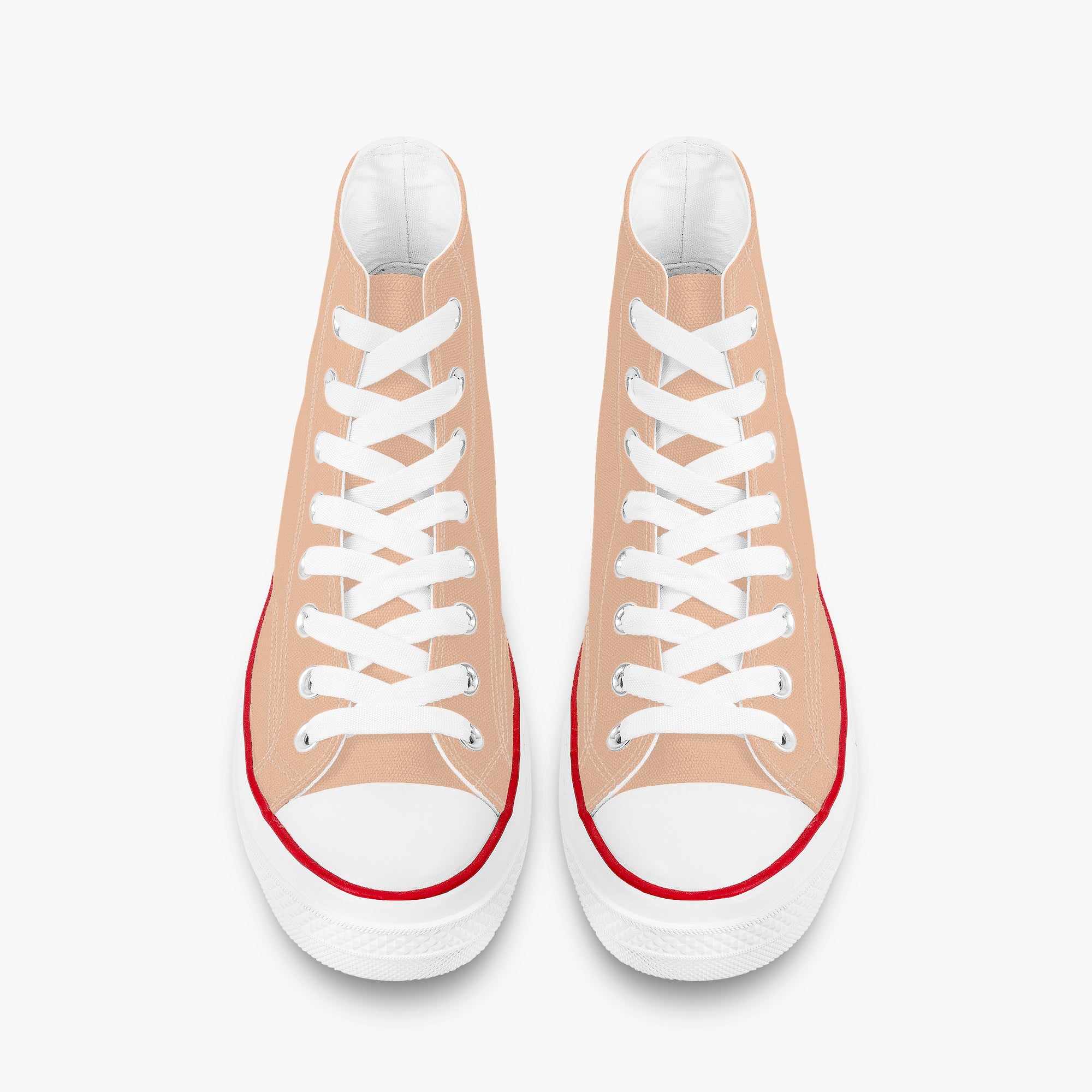 Peach high-top canvas sneakers with white laces, white toe caps, and red trim around the sole.
