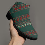 Green festive Christmas sweater ankle boot with red and cream patterns, chunky black heel, side zipper.