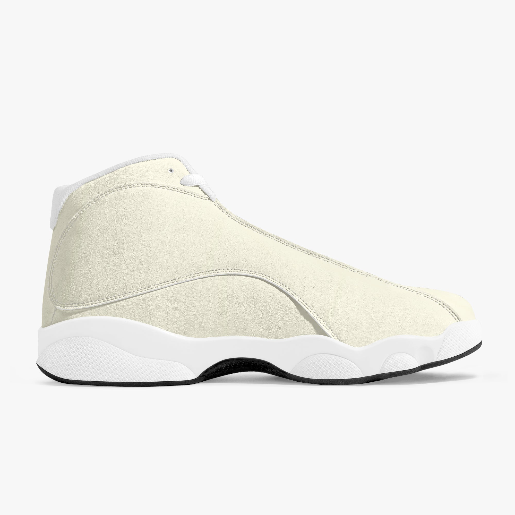 Cream and white high-top leather basketball sneakers with smooth upper and thick white sole.