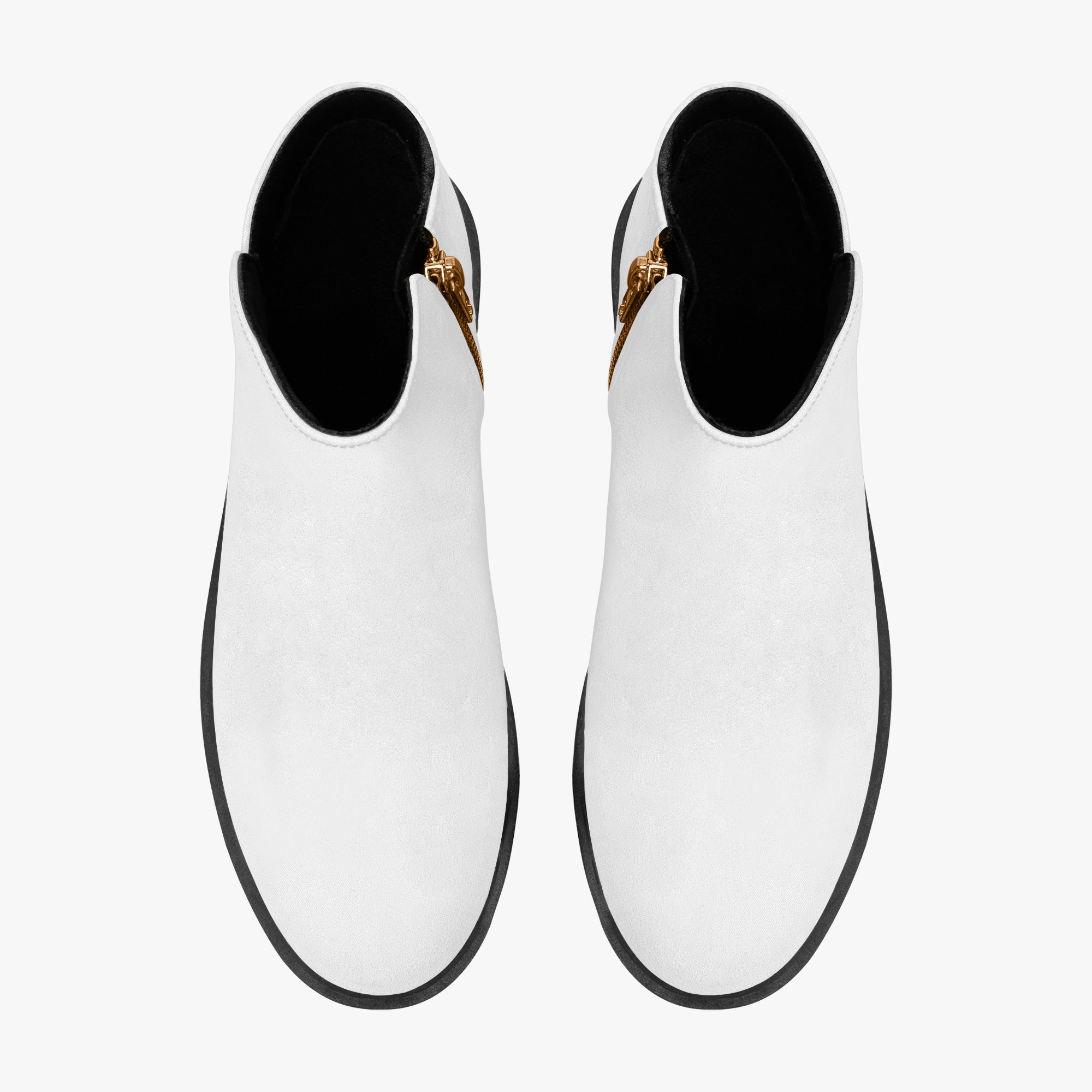 White slip-on booties with chunky black heels and red accent stitching along the zipper.