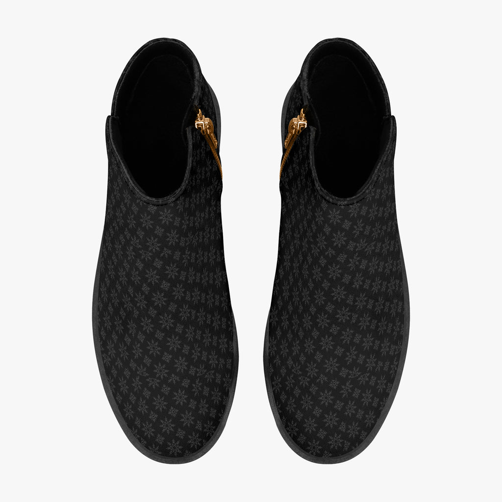 Black ankle boots with subtle gray snowflake pattern, side zipper, and chunky heel.