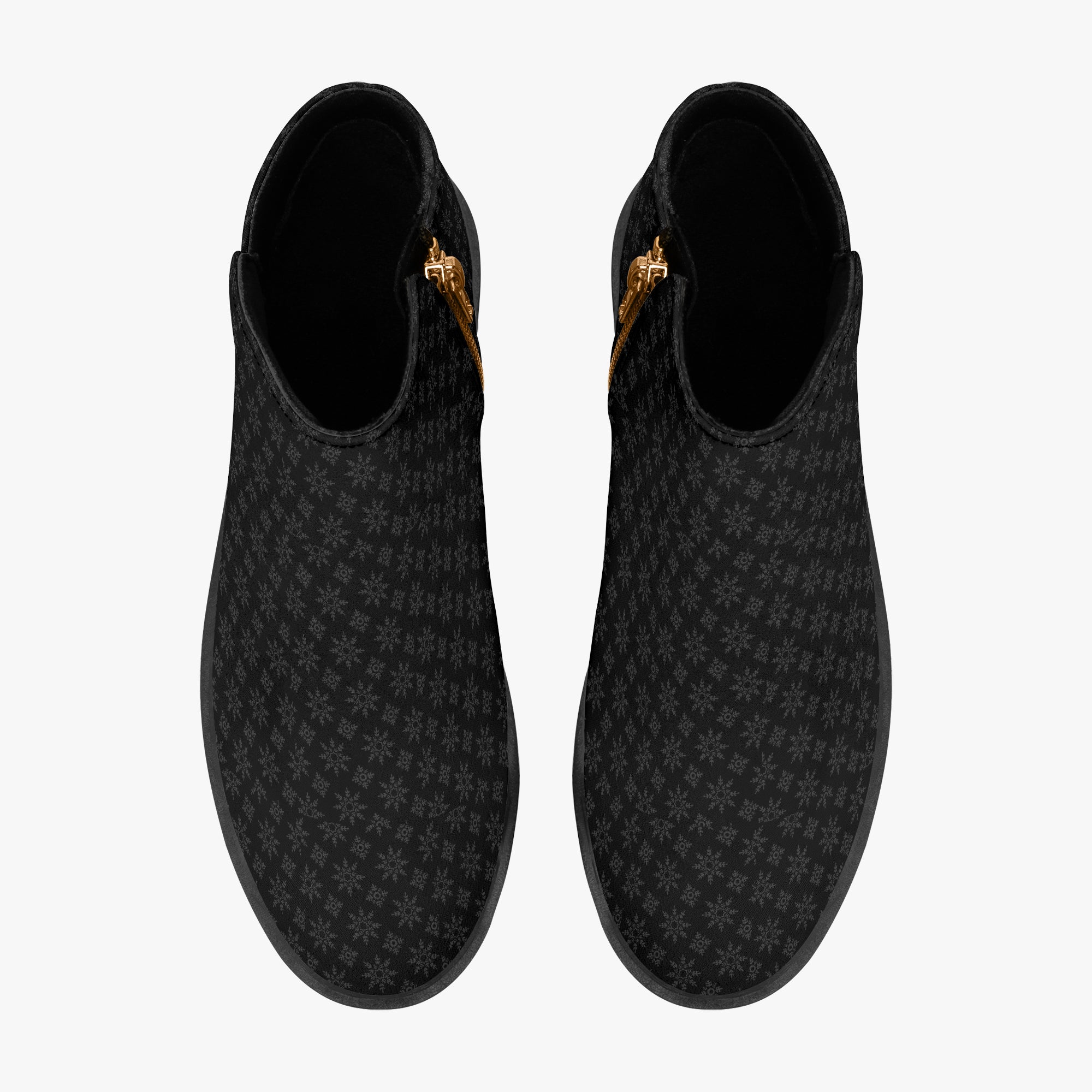 Black ankle boots with subtle gray snowflake pattern, side zipper, and chunky heel.