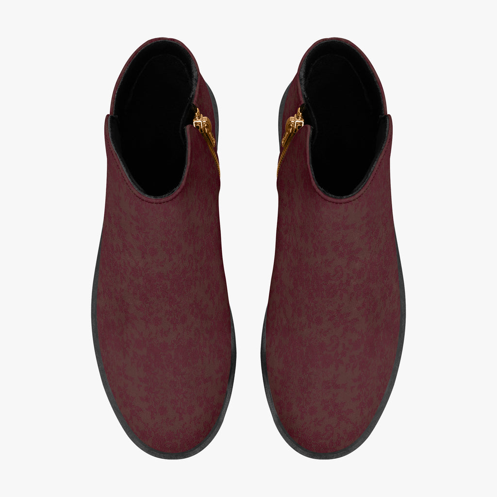 Burgundy floral lace slip-on booties with chunky black heels and red accent stitching.