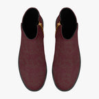 Burgundy floral lace slip-on booties with chunky black heels and red accent stitching.