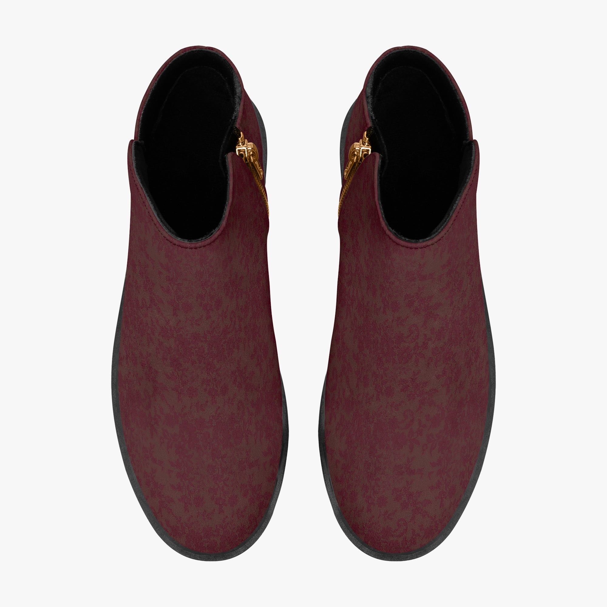 Burgundy floral lace slip-on booties with chunky black heels and red accent stitching.