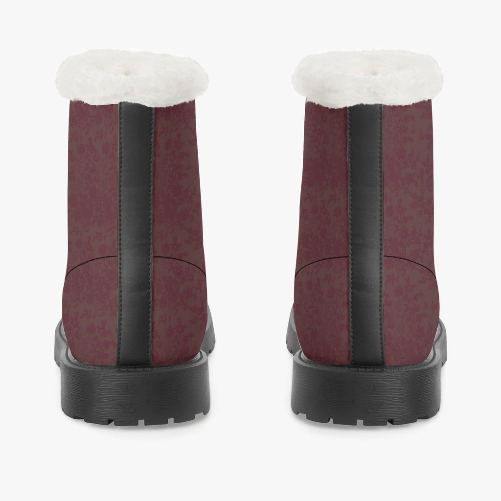 Burgundy velvet lace-up winter boots with black sole and plush white faux fur collar, rear view.