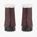 Burgundy velvet lace-up winter boots with black sole and plush white faux fur collar, rear view.