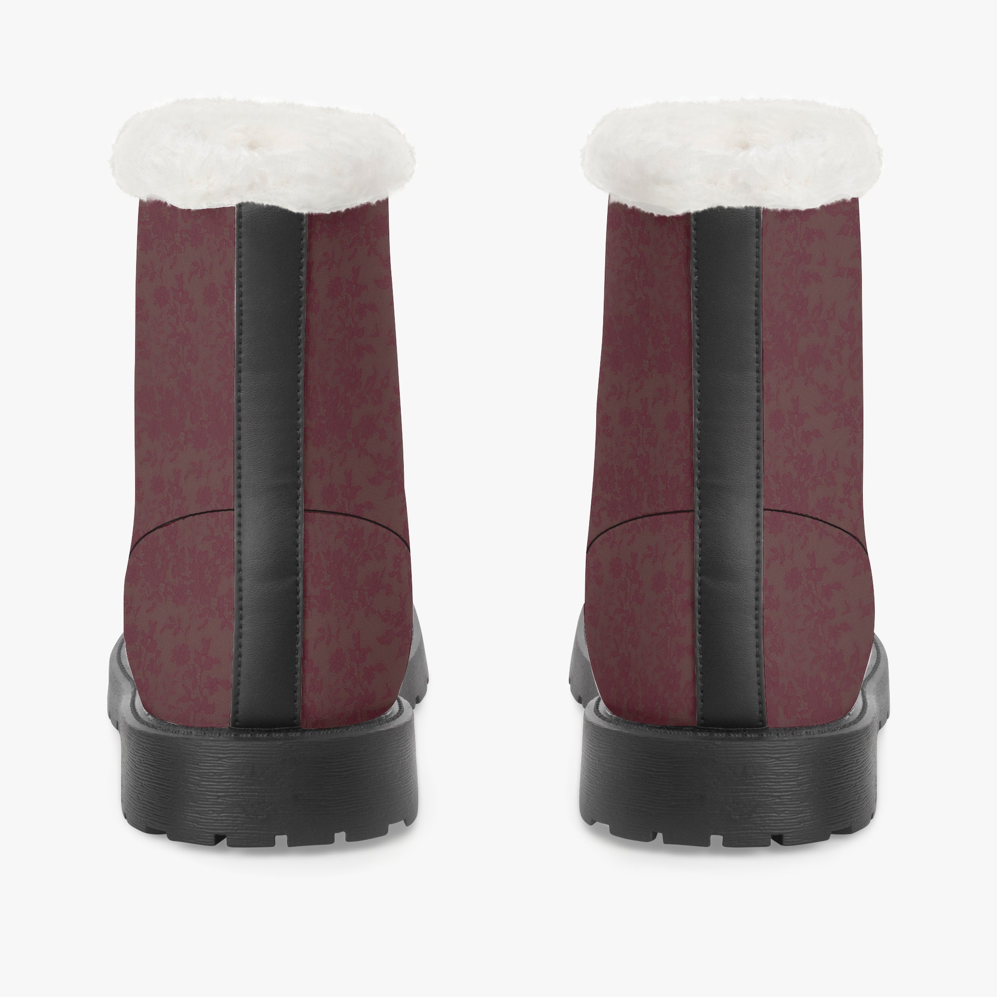 Burgundy velvet lace-up winter boots with black sole and plush white faux fur collar, rear view.