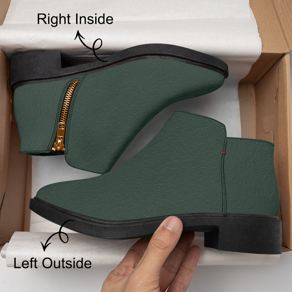 Dark green textured ankle boot with side zipper and chunky black heel, shown inside and outside views.