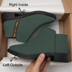 Dark green textured ankle boot with side zipper and chunky black heel, shown inside and outside views.