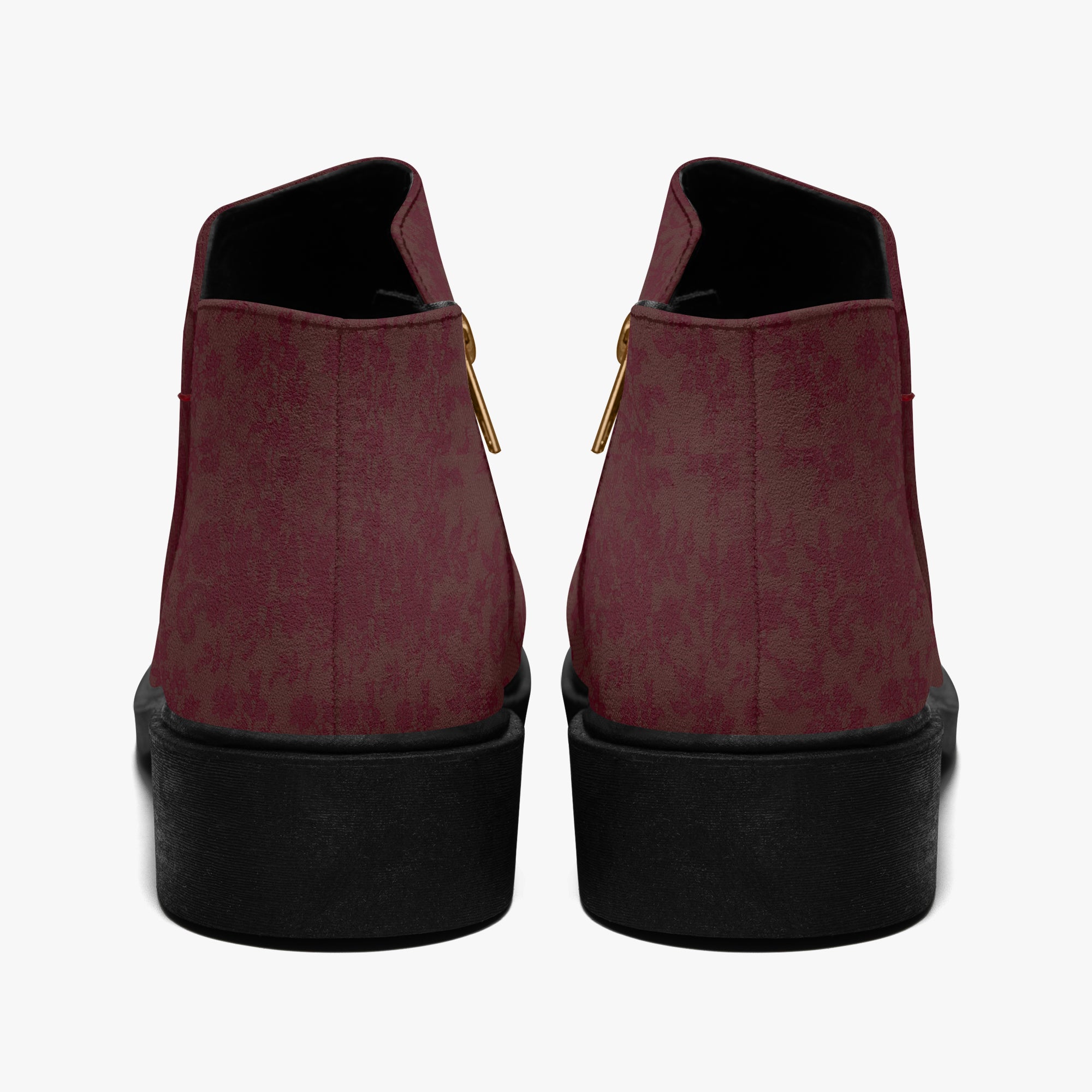 Burgundy floral lace slip-on booties with chunky black heels and gold side zippers, rear view.