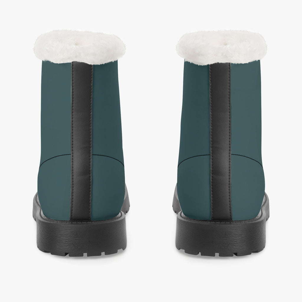 Midnight teal lace-up boots with black soles and plush white faux fur collars, back view.