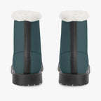 Midnight teal lace-up boots with black soles and plush white faux fur collars, back view.